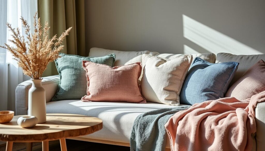 Bien associer les couleurs pastel avec des coussins à franges