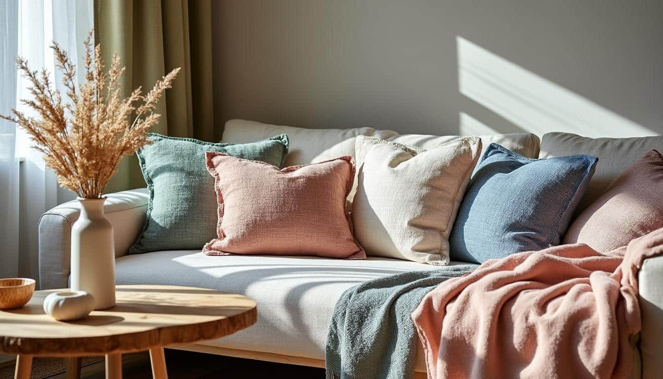 Bien associer les couleurs pastel avec des coussins à franges